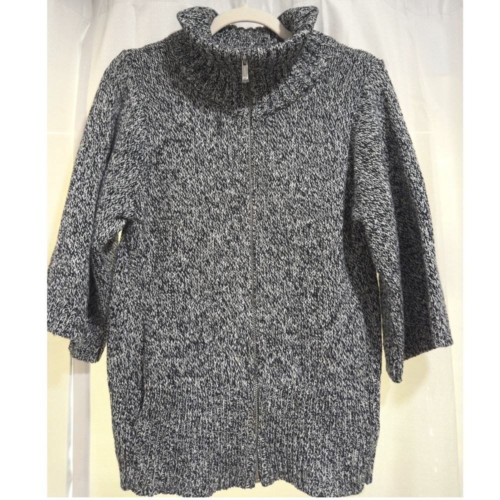 Jones New York Signature Full Zip Cardigan Sweater Black White Marled Cotton M